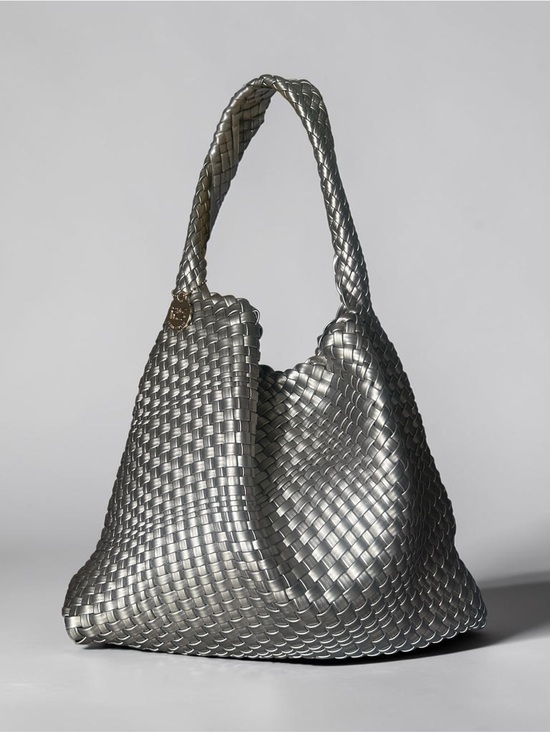 Handbags - Woven Metallic Silver Shoulder Bag with matching Makeup bag included